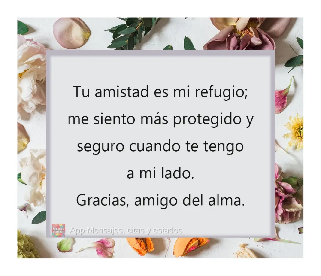 Tu amistad es mi refugio; me siento más protegido y seguro cuando te tengo a mi lado. Gracias, amigo del alma.