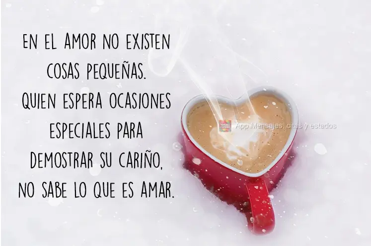 En el amor no existen cosas pequeñas. Quien espera ocasiones especiales para demostrar su cariño, no sabe lo que es amar.