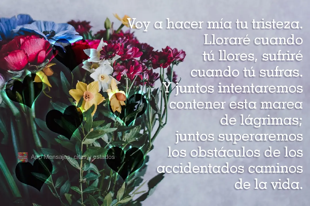 Voy a hacer mía tu tristeza. Lloraré cuando tú llores, sufriré cuando tú sufras. Y juntos intentaremos contener esta marea de lágrimas; juntos supe...