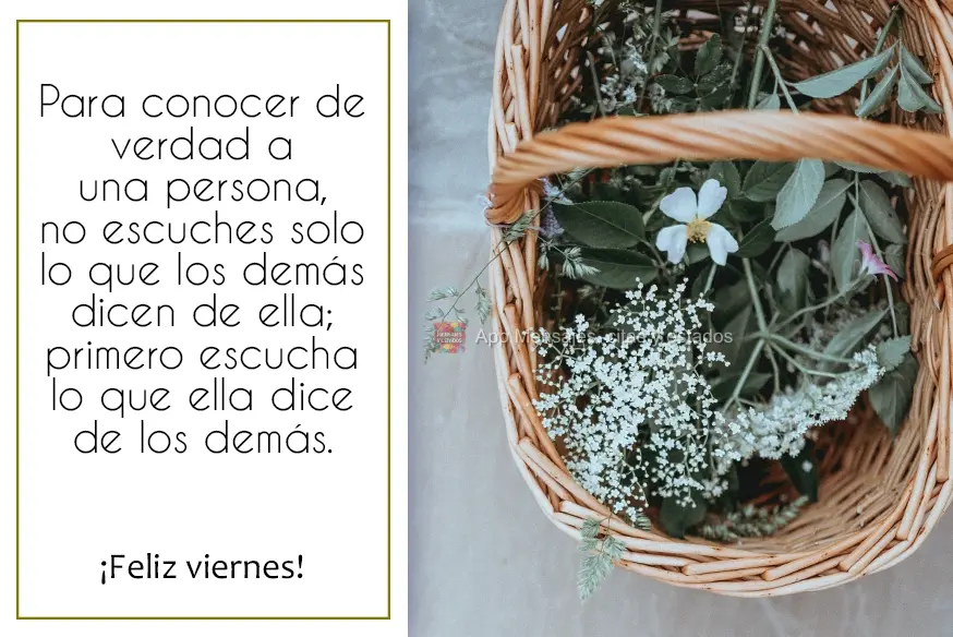 Para conocer de verdad a una persona, no escuches solo lo que los demás dicen de ella; primero escucha lo que ella dice de los demás. ¡Feliz viernes!...