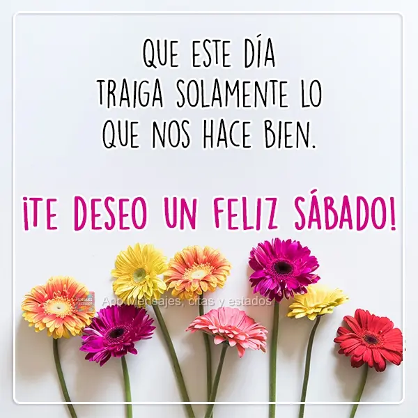 Que este día traiga solamente lo que nos hace bien. ¡Te deseo un feliz sábado!