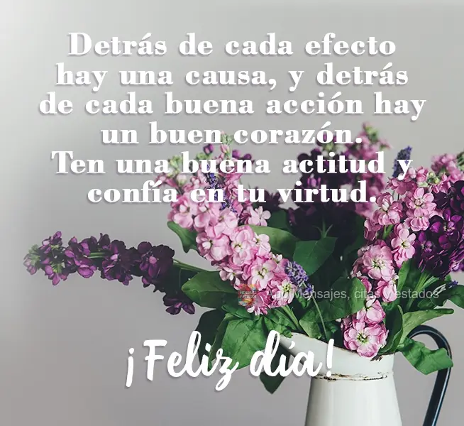 Para cada causa existe um efeito, e para cada boa ação existe um bom coração. Tenha boas atitudes e espere pelas suas virtudes.  Bom dia!