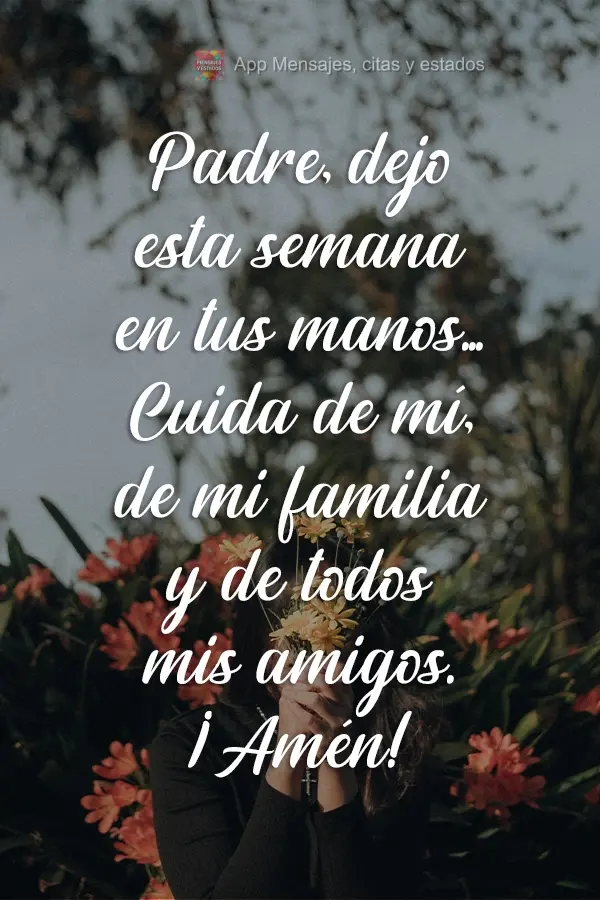 Padre, dejo esta semana en tus manos... Cuida de mí, de mi familia y de todos mis amigos. ¡Amén!