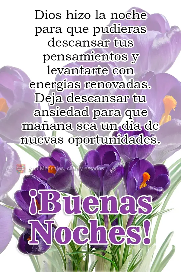 Dios hizo la noche para que pudieras descansar tus pensamientos y levantarte con energías renovadas. Deja descansar tu ansiedad para que mañana sea un ...