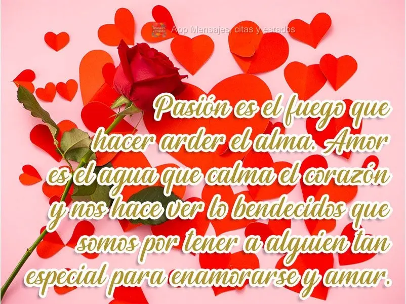 Pasión es el fuego que hacer arder el alma. Amor es el agua que calma el corazón y nos hace ver lo bendecidos que somos por tener a alguien tan especia...