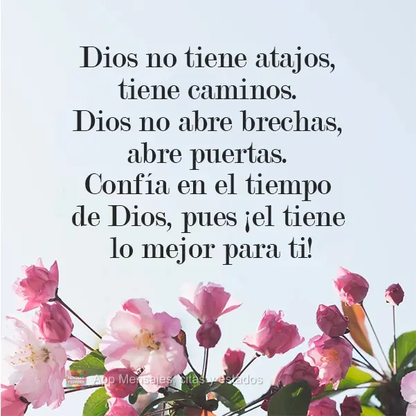Dios no tiene atajos, tiene caminos. Dios no abre brechas, abre puertas. Confía en el tiempo de Dios, pues ¡el tiene lo mejor para ti!