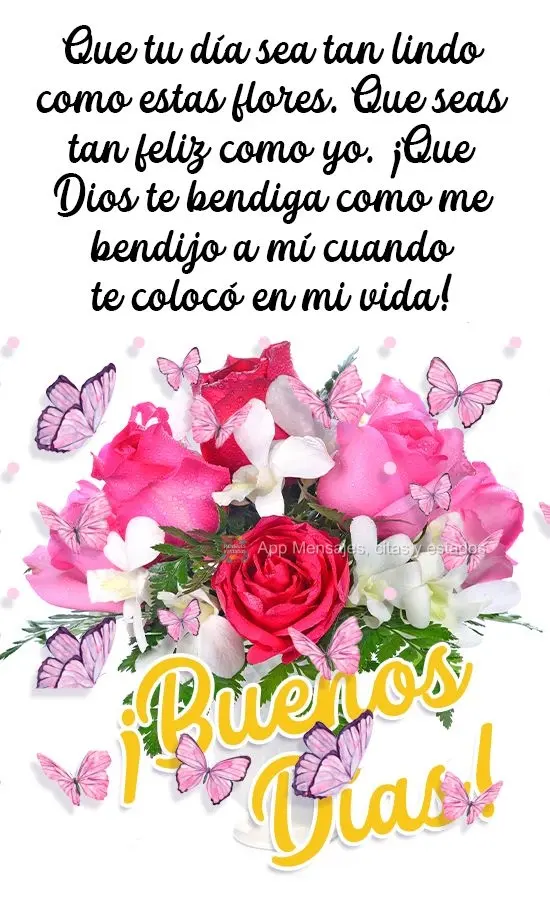 Que tu día sea tan lindo como estas flores. Que seas tan feliz como yo. ¡Que Dios te bendiga como me bendijo a mí cuando te colocó en mi vida! ¡Buen...