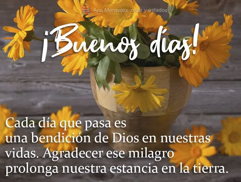 Cada día que pasa es una bendición de Dios en nuestras vidas. Agradecer ese milagro prolonga nuestra estancia en la tierra. ¡Buenos días!