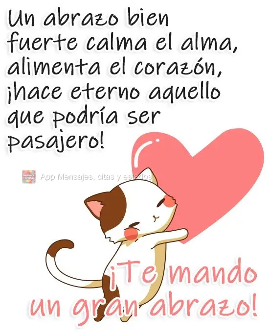Un abrazo bien fuerte calma el alma, alimenta el corazón, ¡hace eterno aquello que podría ser pasajero! ¡Te mando un gran abrazo!