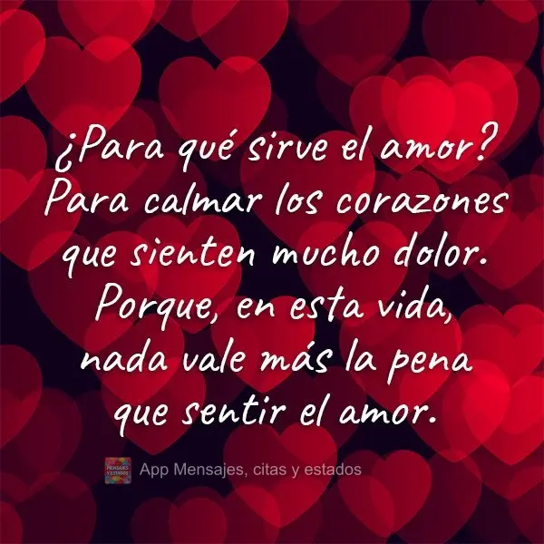 Para que serve o amor? Para acalmar os corações que sentem muita dor. Porque nada vale à pena ser sentido nessa vida, do que apenas o amor.
