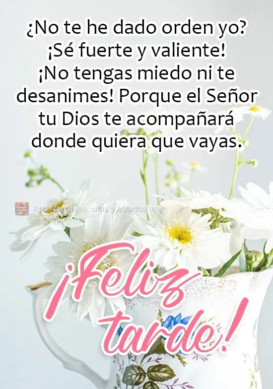 ¿No te he dado orden yo? ¡Sé fuerte y valiente! ¡No tengas miedo ni te desanimes! Porque el Señor tu Dios te acompañará dondequiera que vayas. ¡F...