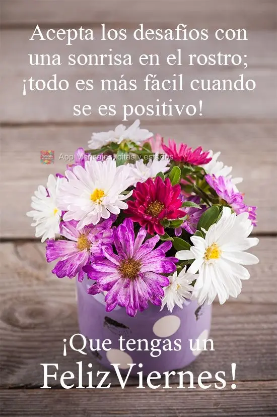 Acepta los desafíos con una sonrisa en el rostro; ¡todo es más fácil cuando se es positivo! ¡Que tengas un feliz viernes!