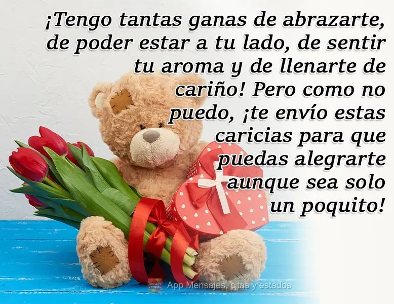 ¡Tengo tantas ganas de abrazarte, de poder estar a tu lado, de sentir tu aroma y de llenarte de cariño! Pero como no puedo, ¡te envío estas caricias ...