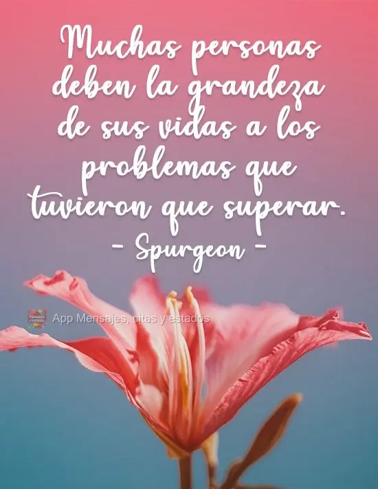 Muitas pessoas devem as grandezas de suas vidas aos problemas que tiveram que vencer.  Spurgeon