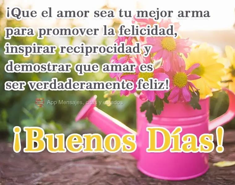 Que o amor seja sua melhor arma para promover felicidade, inspirar reciprocidade e mostrar que amar é ser feliz de verdade! 
 Bom Dia! 