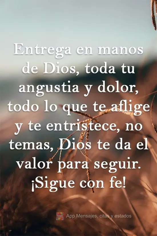 Entrega en manos de Dios, toda tu angustia y dolor, todo lo que te aflige y te entristece, no temas, Dios te da el valor para seguir. ¡Sigue con fe!
