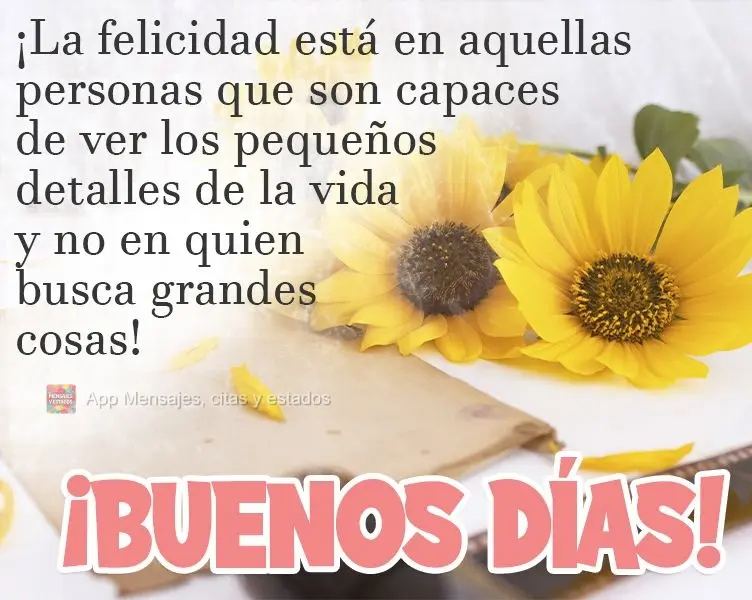 A felicidade está nas pessoas que a enxergam nos pequenos detalhes da vida, e não em quem procura em grandes ocasiões! 
 Bom dia!