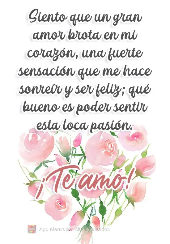 Sinto um grande amor brotar em meu coração, uma forte sensação que me faz sorrir e ser feliz, como é bom poder sentir essa louca paixão.  Eu te amo...