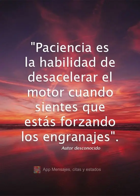 "Paciencia es la habilidad de desacelerar el motor cuando sientes que estás forzando los engranajes". Autor desconocido