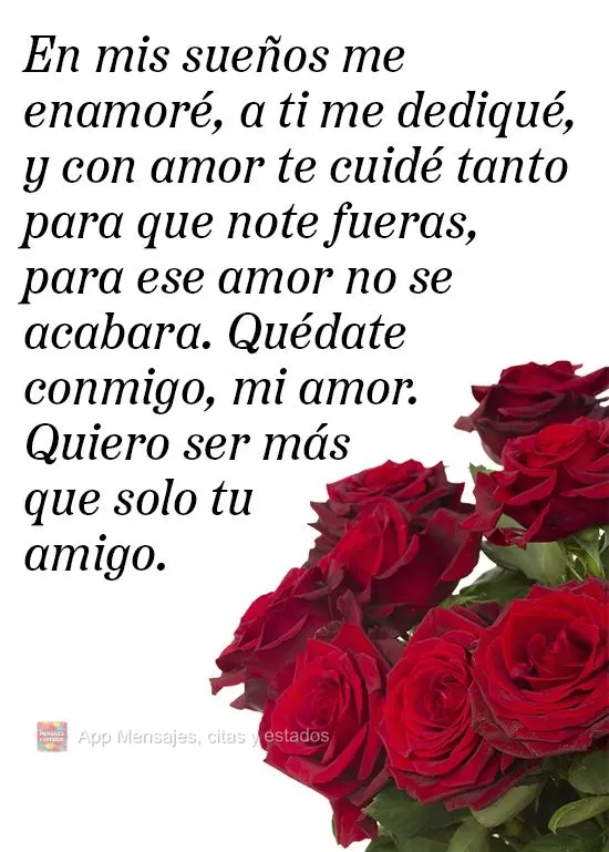 En mis sueños me enamoré, a ti me dediqué, y con amor te cuidé tanto para que note fueras, para ese amor no se acabara. Quédate conmigo, mi amor. Qu...