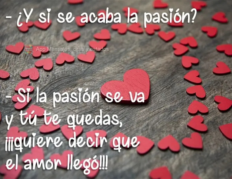 —¿Y si se acaba la pasión?

—Si la pasión se va y tú te quedas, ¡¡¡quiere decir que el amor llegó!!!