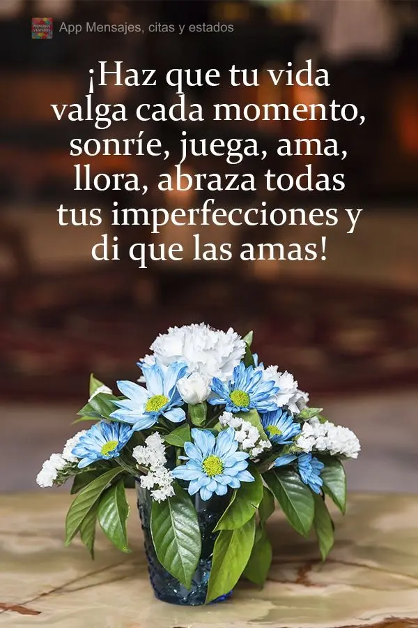 ¡Haz que tu vida valga cada momento, sonríe, juega, ama, llora, abraza todas tus imperfecciones y di que las amas!