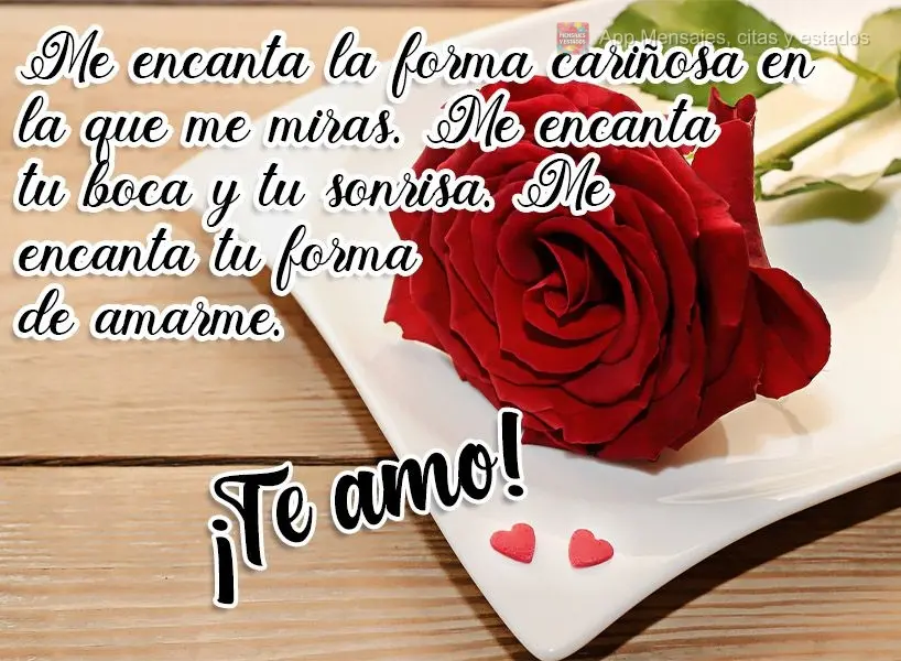 Me encanta la forma cariñosa en la que me miras. Me encanta tu boca y tu sonrisa. Me encanta tu forma de amarme. ¡Te amo!