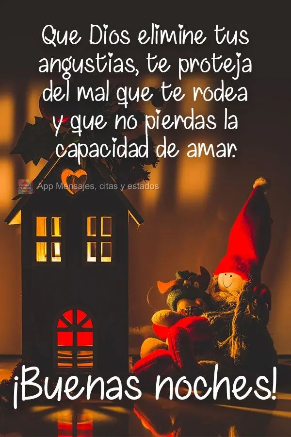 Que Dios elimine tus angustias, te proteja del mal que te rodea y que no pierdas la capacidad de amar. ¡Buenas noches!
