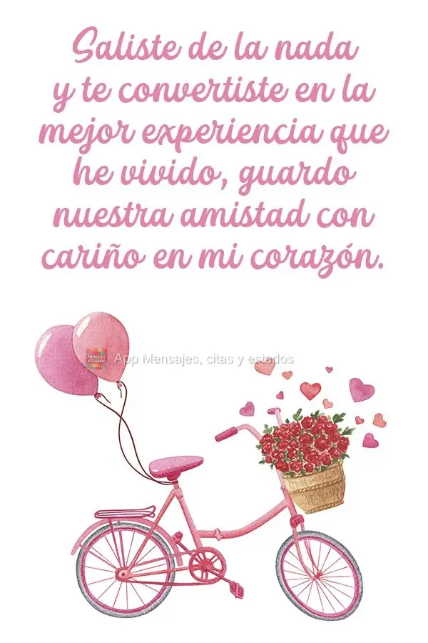 Saliste de la nada y te convertiste en la mejor experiencia que he vivido, guardo nuestra amistad con cariño en mi corazón.