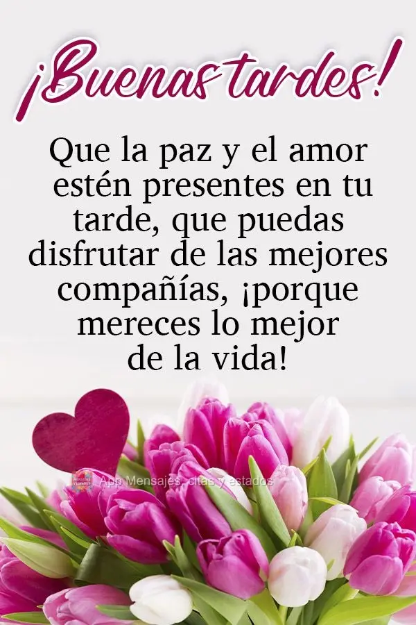 Que a sua tarde seja de paz e amor. Que você possa desfrutar das melhores companhias, porque você merece o melhor da vida! Boa tarde! 