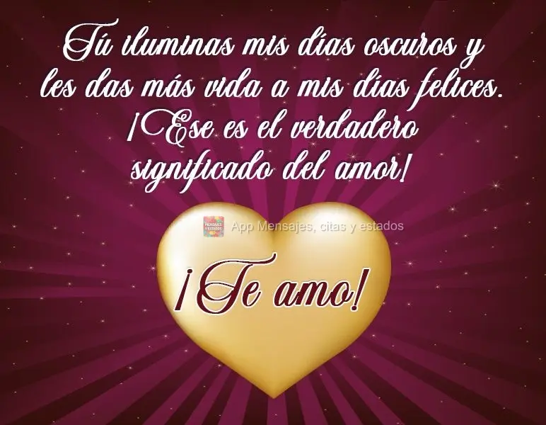 Tú iluminas mis días oscuros y les das más vida a mis días felices. ¡Ese es el verdadero significado del amor! ¡Te amo!