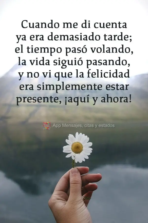 Cuando me di cuenta ya era demasiado tarde; el tiempo pasó volando, la vida siguió pasando, y no vi que la felicidad era simplemente estar presente, ¡...