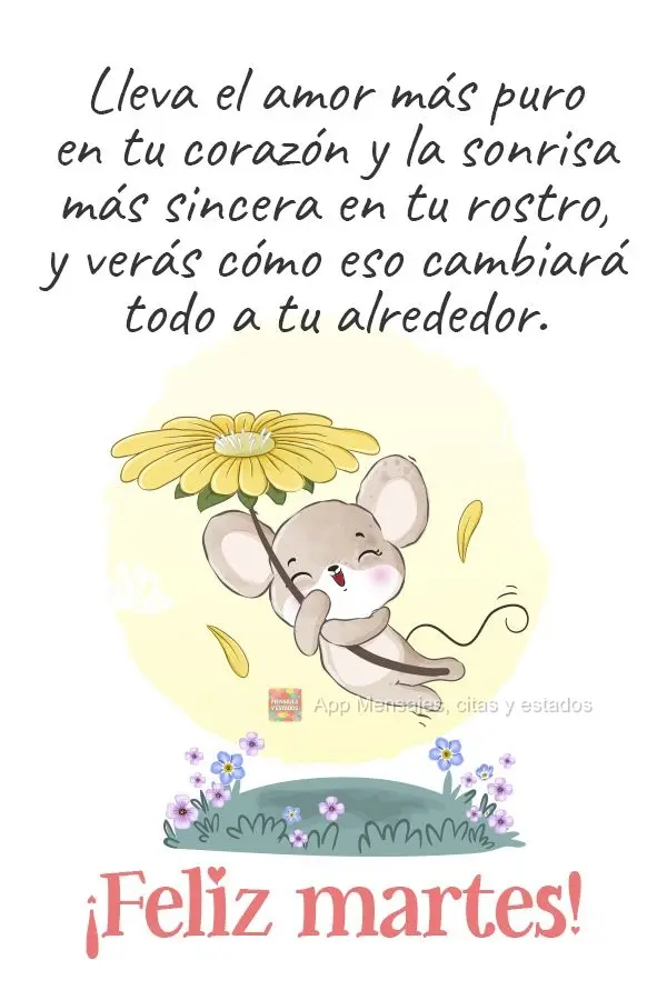 Lleva el amor más puro en tu corazón y la sonrisa más sincera en tu rostro, y verás cómo eso cambiará todo a tu alrededor. ¡Feliz martes!