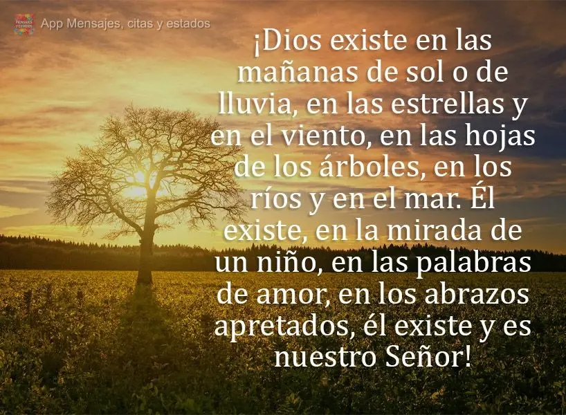 ¡Dios existe en las mañanas de sol o de lluvia, en las estrellas y en el viento, en las hojas de los árboles, en los ríos y en el mar. Él existe, en...