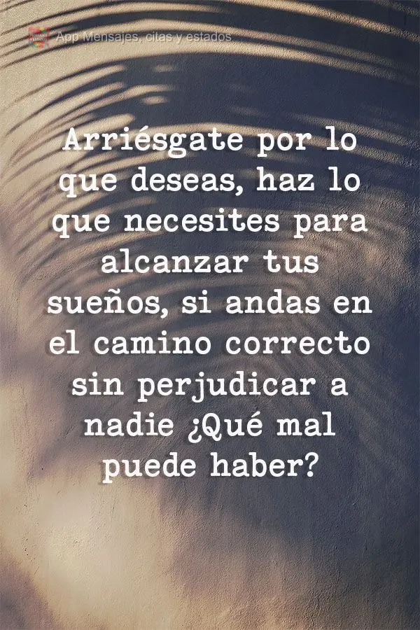 Arrisque-se pelo o que deseja. Faça o que acha que tem que ser feito para alcançar seus sonhos. Se andar no caminho certo sem prejudicar ninguém, que ...