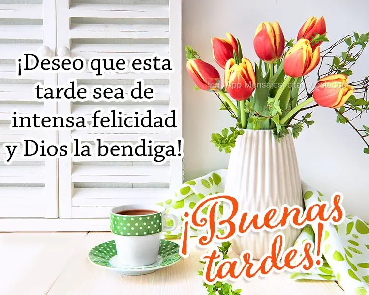 ¡Deseo que esta tarde sea de intensa felicidad y Dios la bendiga! ¡Buenas tardes!