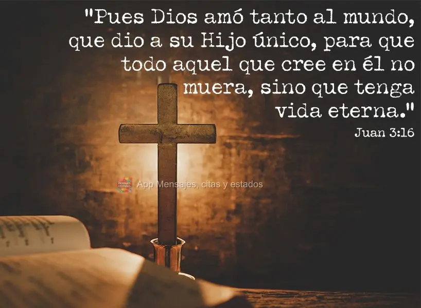 "Pues Dios amó tanto al mundo, que dio a su Hijo único, para que todo aquel que cree en él no muera, sino que tenga vida eterna." Juan 3:16