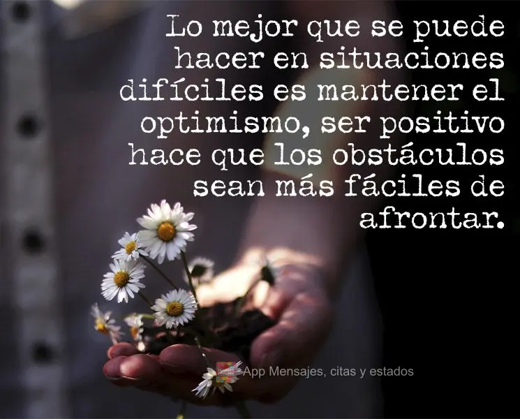 A melhor coisa a se fazer em situações difíceis é se manter otimista. Ser positivo faz os obstáculos se tornarem mais fáceis de se enfrentar.