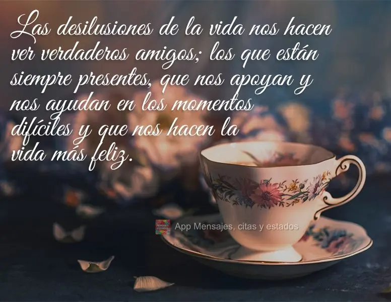 Las desilusiones de la vida nos hacen ver verdaderos amigos; los que están siempre presentes, que nos apoyan y nos ayudan en los momentos difíciles y q...