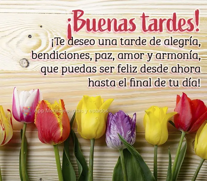 Desejo uma tarde de alegria, bênçãos, paz, amor e harmonia. Que você possa ser feliz a partir de agora até o final de seu dia! Boa tarde!