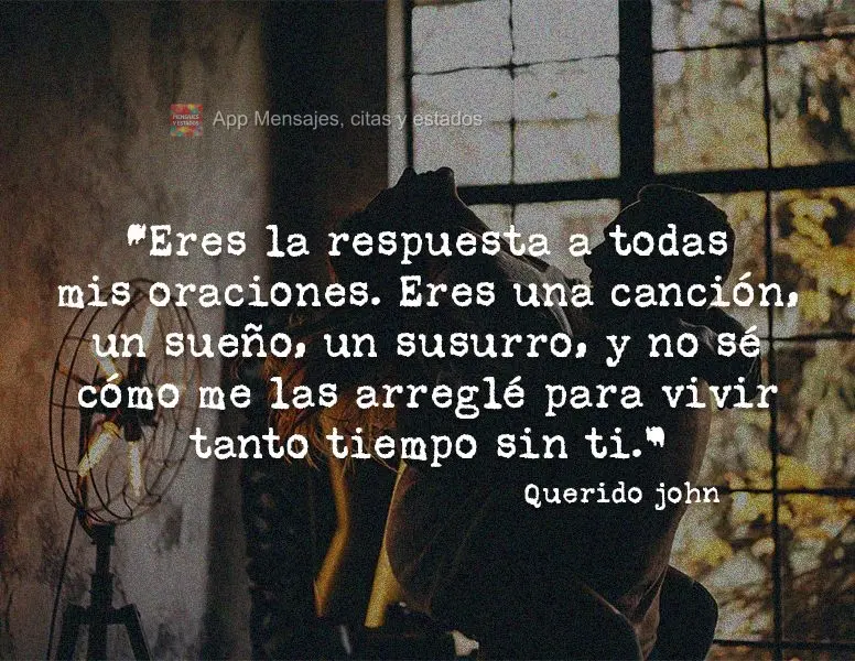 “Eres la respuesta a todas mis oraciones. Eres una canción, un sueño, un susurro, y no sé cómo me las arreglé para vivir tanto tiempo sin ti ". Qu...