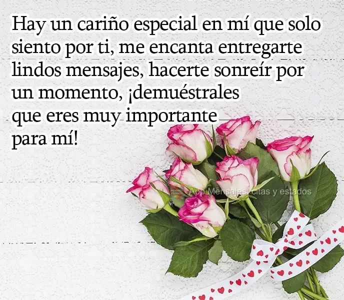 Hay un cariño especial en mí que solo siento por ti, me encanta entregarte lindos mensajes, hacerte sonreír por un momento, ¡demuéstrales que eres m...