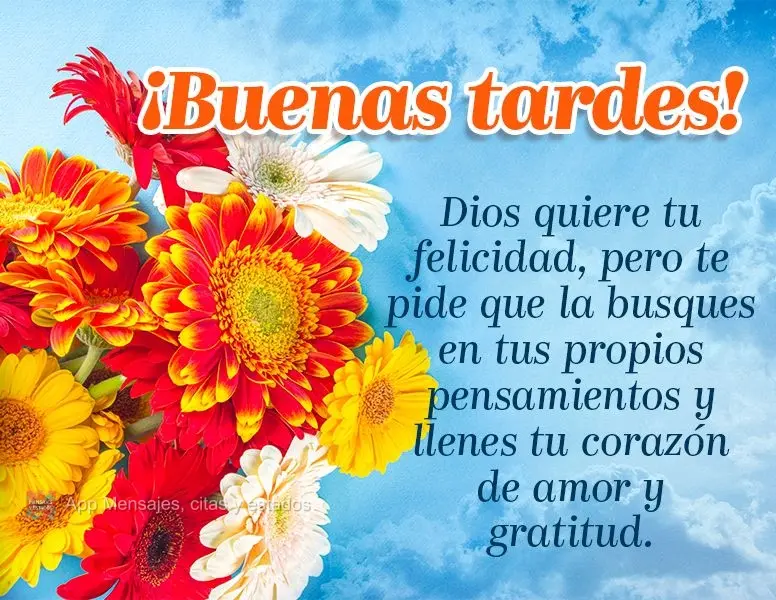 Deus deseja a sua felicidade, mas Ele pede que você a busque em seus próprios pensamentos e encha seu coração de amor e gratidão. Boa tarde!