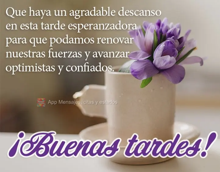 Que haja uma pausa agradável nesta tarde esperançosa, para que possamos renovar nossas forças e seguir adiante otimista e confiante. Boa tarde!