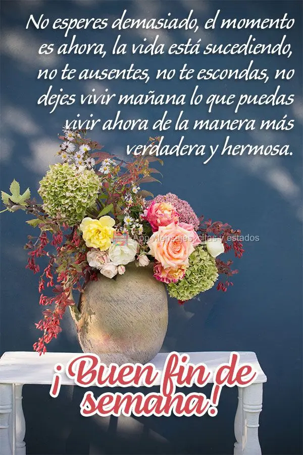 No esperes demasiado, el momento es ahora, la vida está sucediendo, no te ausentes, no te escondas. Do dejes para mañana lo que puedas vivir hoy de la ...