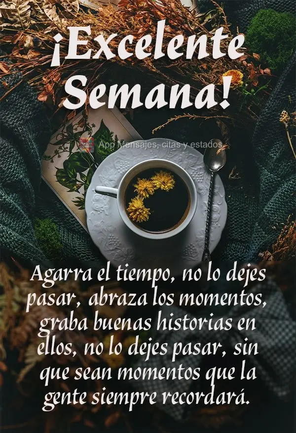 Agarra el tiempo, no lo dejes pasar, abraza los momentos, graba buenas historias en ellos, no lo dejes pasar, sin que sean momentos que la gente siempre ...