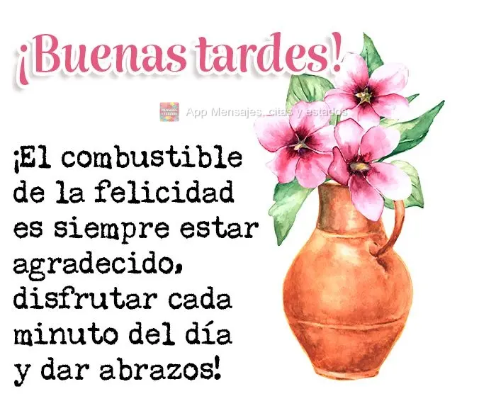 O combustível da felicidade é ser grato sempre, aproveitar cada minuto do dia e distribuir abraços!  Boa tarde!
