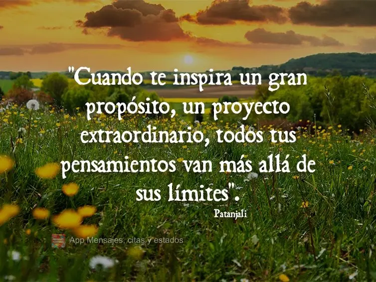 "Cuando te inspira un gran propósito, un proyecto extraordinario, todos tus pensamientos van más allá de sus límites". Patanjali