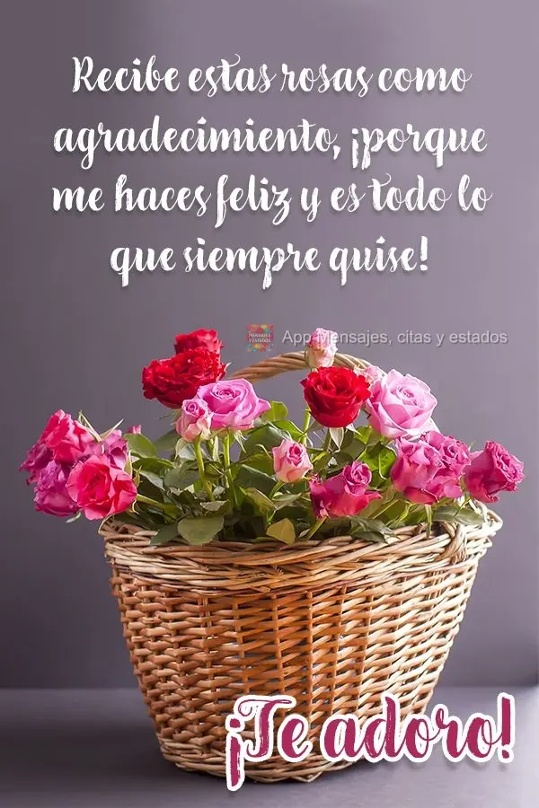 Recibe estas rosas como agradecimiento, ¡porque me haces feliz y es todo lo que siempre quise! ¡Te adoro!
