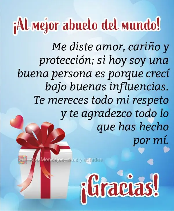 ¡Al mejor abuelo del mundo! Me diste amor, cariño y protección; si hoy soy una buena persona es porque crecí bajo buenas influencias. Te mereces todo...